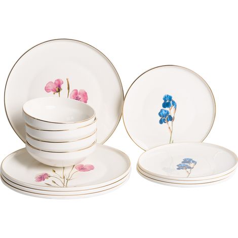 Vajilla de 12 piezas de porcelana acabado esmaltado con diseño floral multicolor para 4 personas comedor cocina blanco Hyssop