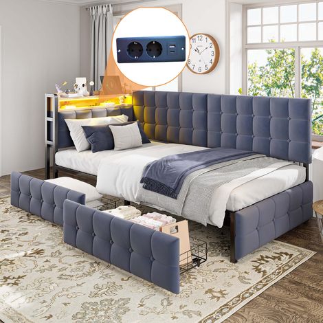 Canapé-lit rembourré 90x200cm, lit rembourré avec 2 tiroirs et lampe de chevet LED, ports USB et Type-C, lit bateau multifonctionnel pour enfants, canapé-lit une place gris, garantie 2 ans