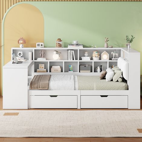 Lit coffre bois en 140x200 cm avec bureau bibliothèque tête de lit capitonnée tiroirs intégrés éclairage led, structure bois blanc (1/4)