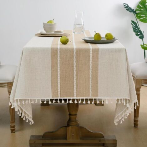 Nappe rectangulaire d'automne en coton et lin imperméable avec pompons, infroissable, pour salle à manger, fête, style rustique – 140 x 180 cm, lignes café (1/4)