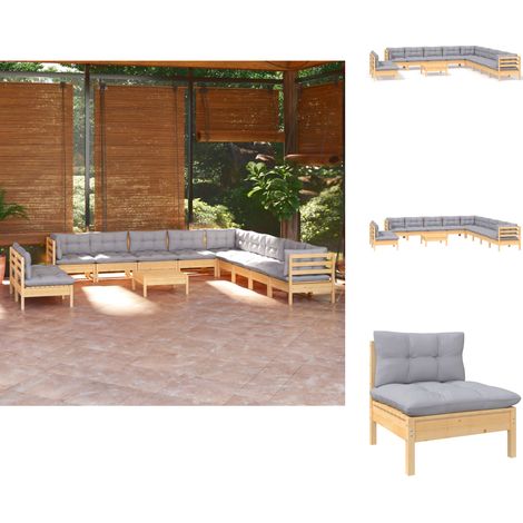 Gartenmöbel-Sets - Living 12-tlg. Garten-Lounge-Set mit Grauen Kissen Massivholz Kiefer (1/5)