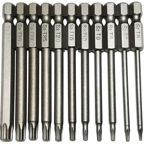Sicherheitsbit-Set, 11-teilig, 1/4 Zoll Sechskantschaft, T6 T7 T8 T9 T10 T15 T20 T25 T27 T30 T40, 3 Zoll Länge, S2 Stahl, Torx-Schraubendreher-Bohrer-Set (11-teilig, 75 mm Kopf)