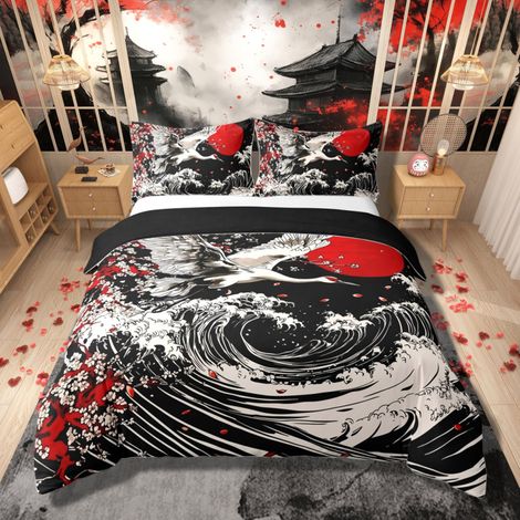 Parure de lit avec housse de couette de 135 x 200 cm, motif de vague japonaise, style japonais, exotique, oriental, traditionnel, thème rétro (1/5)