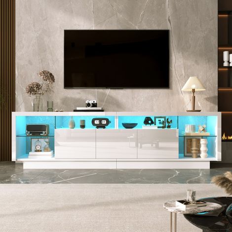 Meuble TV moderne 200x38x55cm 3 portes laquées niches verre panneau particules LED multicolore pilotable par application salon, blanc (1/5)