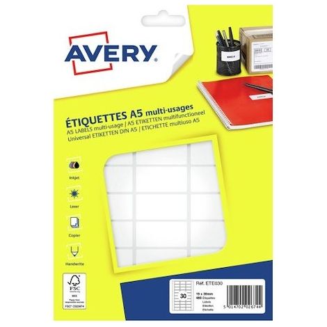 Étiquettes adhésives 19 x 38 mm Avery ETE030 - Boîte de 480