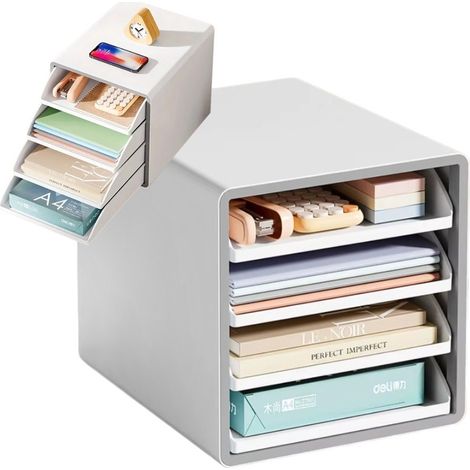 Organiseur de bureau à 4 tiroirs, blanc, en plastique, pour documents A4, pour bureau. (1/5)