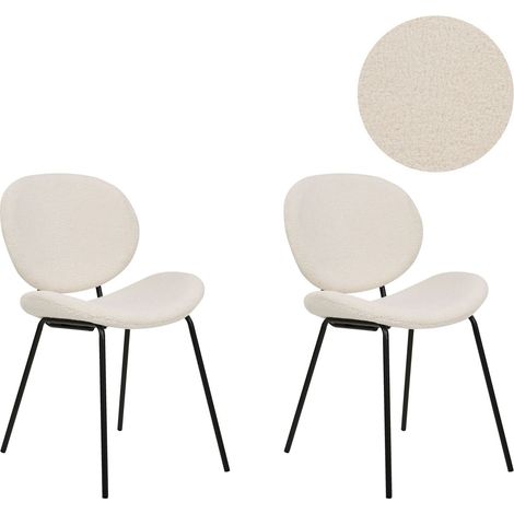 Beliani – Lot de 2 chaises de repas rétro sans accoudoirs – Tissu bouclé blanc – Pieds en métal noir – Hauteur 80 cm, largeur 50 cm, hauteur d'assise 42 cm (1/5)