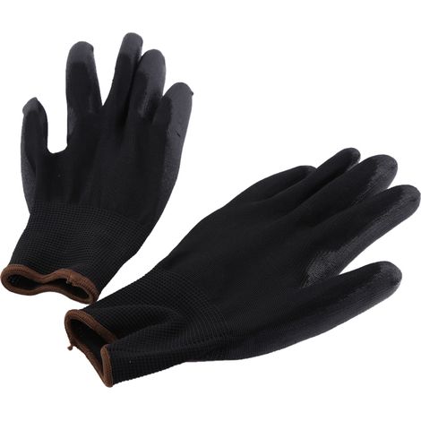 Schwarze Nylon-Arbeitshandschuhe mit PU-Sicherheitsbeschichtung an der Handfläche und braunem Streifen (L) (1/5)