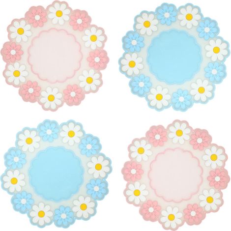 (Rose + Bleu) Lot de 4 sous-verres isolants à imprimé marguerites, sous-verres antidérapants en PVC et silicone pour la protection du bureau (1/5)