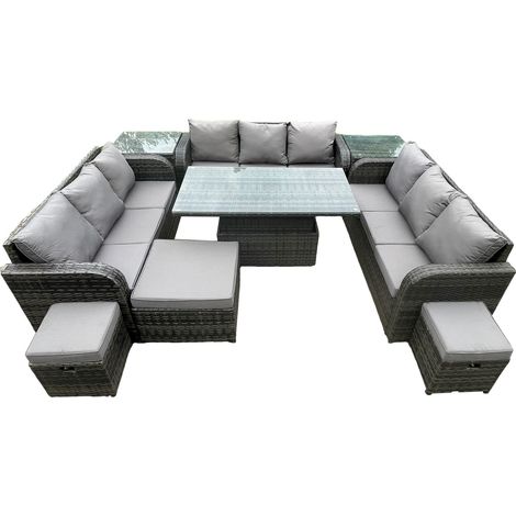 Fimous 12 places jardin salle à manger ensemble meubles en rotin extérieur canapé décontracté table élévatrice réglable en hauteur avec 2 tables d'appoint 3 repose-pieds gris foncé mix (1/5)