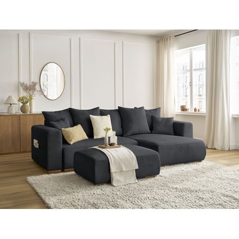 BOBOCHIC - Canapé d'angle convertible réversible coffre SIDONIE velours côtelé avec pouf Noir (1/5)