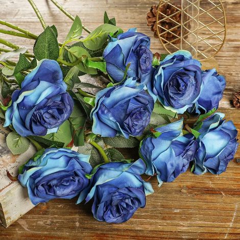 Roses artificielles réalistes à tige unique en soie, 12 pièces (bleu dégradé)-AquaForge (1/4)