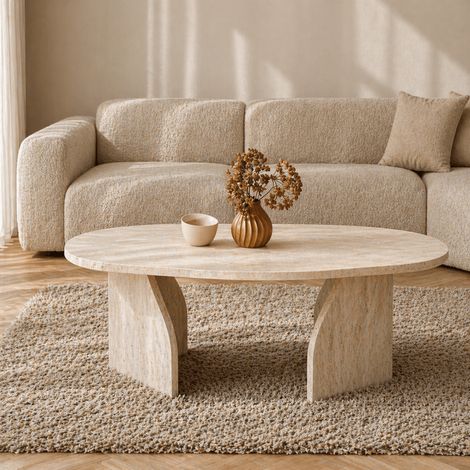Bio Couchtisch Travertin Melamin Japandi – 105 x 65 cm – Regal (1/5)