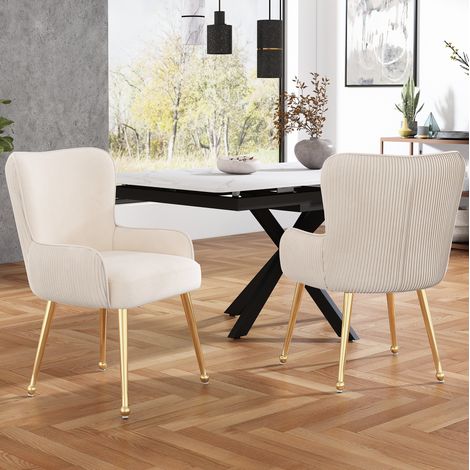 Set di 2 sedie imbottite beige in velluto con gambe dorate e braccioli (1/5)