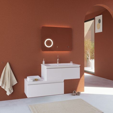 Kiamami Valentina – Meuble salle de bains suspendu 120 cm blanc mat – 2 tiroirs excentrés – Lavabo céramique et miroir LED – Résistant à l'humidité (1/5)