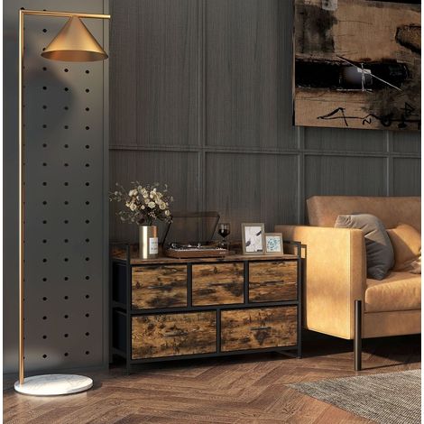 Kommode mit Polyester-Schubladen und Stahlrahmen, braun, 98x29x63 cm, 5 Schubladen, obere Ablage, Industriestil (1/5)