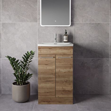 Napoli 390 Tobacco Oak 500mm 2 Door Vanity Unit with Arc Basin - 500mm - Chrome 160mm Handle