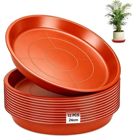 Lot de 12 soucoupes rondes pour pot de fleurs - 24 cm Soucoupe pour plantes, rouge, soucoupe pour pot de fleurs, en plastique, pour jardin, balcon (1/5)