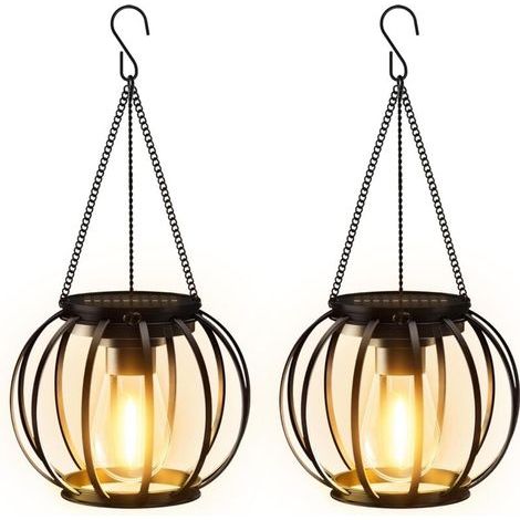 Outdoor hanging solar lights, set of 2 metal solar lanterns for outdoor use with large LED bulb, IP65 waterproof solar lights, garden decoration with hook and chain (1/4)