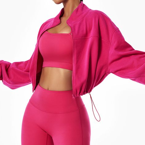 Veste courte de yoga et de course à pied, ample, manches longues, fermeture éclair intégrale, col montant, couleur unie, carmin, taille S (1/4)