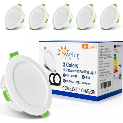 Spots Encastrés LED 5W Ultra-Plats Gradables 3 Températures Réglables (3000K/4000K/6000K) Étanches IP44 pour Salle de Bain, Cuisine, Salon Pack de 6 (1/5)