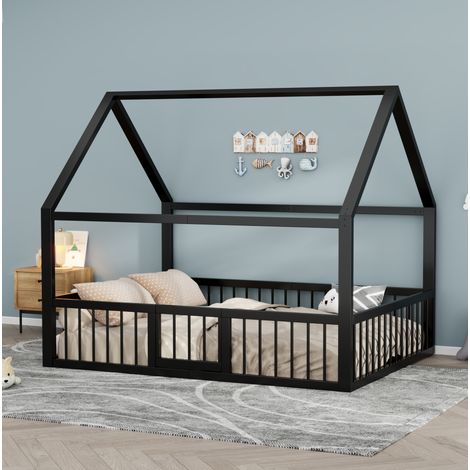 Lit cabane en métal 140 x 200 cm noir avec barrières de sécurité (1/5)