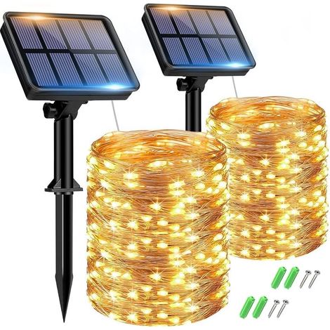 Solar Lichterkette Aussen, 2x15M 150 LED Solarlichterkette Außen Wetterfest 8 Modi IP65 Wasserdicht Kupferdraht Lichterkette Außen Solar Outdoor für Garten Terrasse Baum Hof Party (Warmweiß) (1/5)