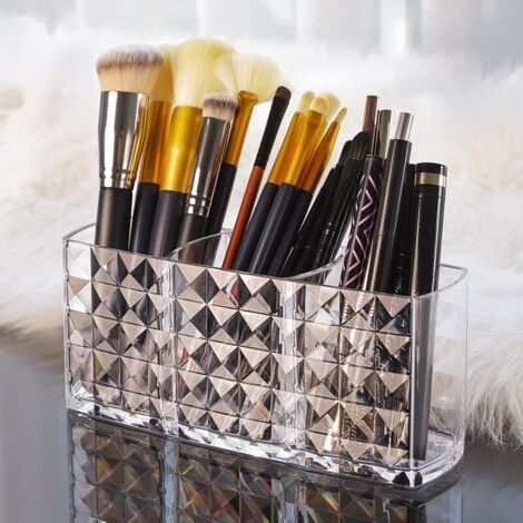QORVA-Boîte de rangement transparente à 3 compartiments pour pinceaux de maquillage, organiseur de maquillage, parfum, pinceaux de maquillage, boîte de rangement pour bijoux, organiseur de bureau