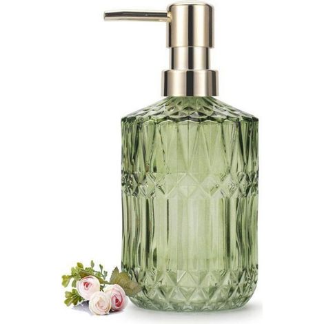 Distributeur de savon en verre de luxe - 390 ml - Verre taillé diamant avec pompe dorée - Distributeur de savon vintage pour (1/3)