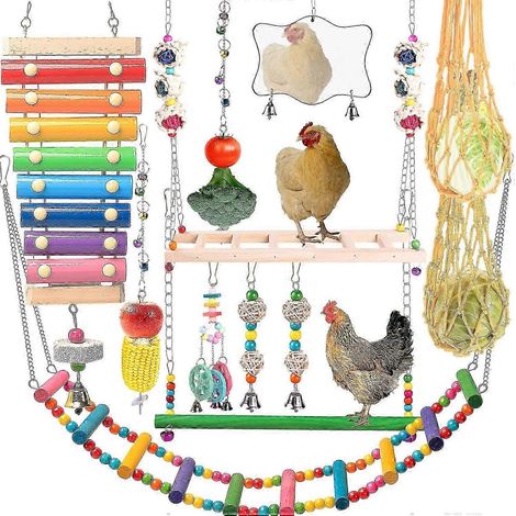 Jouets pour poules au poulailler, ensemble de 7 pièces Xylophone pour poules Balançoire pour poules Miroir pour poules Échelle flexible pour poules Sac à légumes pour poules et plus encore (ensem (1/5)