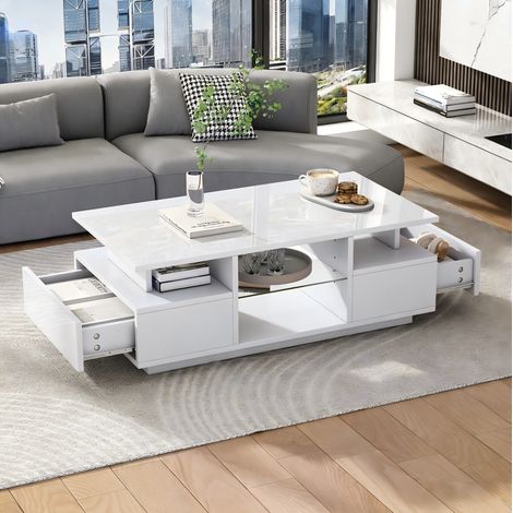 DESMIU Table basse avec 2 tiroirs et rangements ouverts LED pour salon, blanc, 100 × 50 × 36 cm (1/5)
