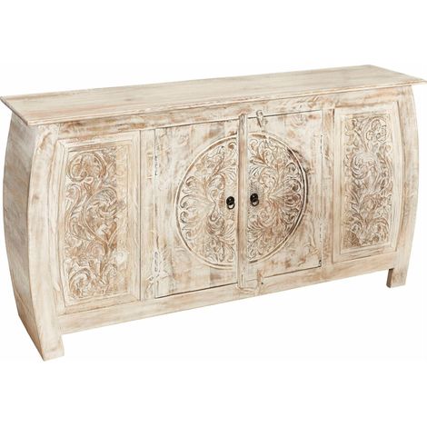 Buffet 4 portes en bois massif FSC® crème – Étagères en bois massif – Design sculpté à la main – Poignées en métal (1/5)