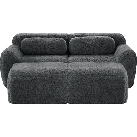 Sofá modular de 2 plazas en tejido peluche gris con 2 otomanas, sin montaje (1/5)
