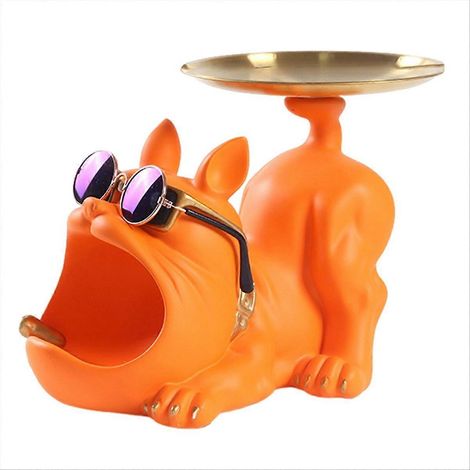 Figurine de bouledogue en résine, majordome avec plateau à bijoux, orange. (1/5)