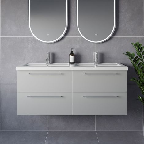 Napoli 390 Gloss Grey Pearl 1200mm Wall Mounted 4 Drawer Vanity Unit with Double Lucia Basins - 1200mm - Chrome 320mm Handle