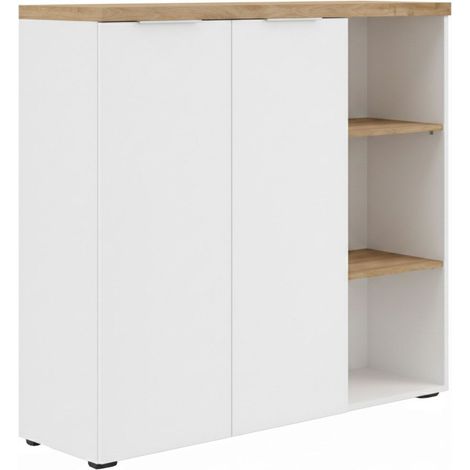 Rangement 2 portes avec niches blanc laqué brillant dessus aspect bois finition Cadiz - GENIUS