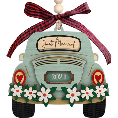 Pendentif Double Niveau - Bois Naturel - Décoration Arbre De Noël - Cadeau Mariage Premier Noël - 1 Pièce (1/5)