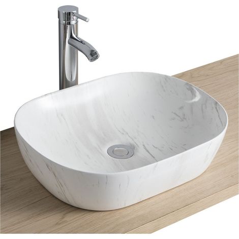 Mob-In – Vasque à poser ovale en céramique imitation marbre 46x37cm – Évacuation standard 45mm – Design contemporain pour salle de bain moderne
