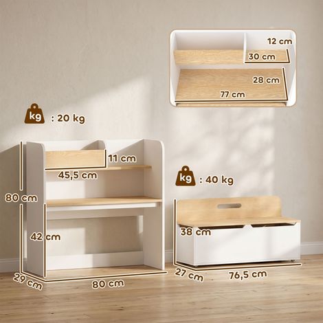 Ensemble table et bancs enfant 5-en-1 avec bibliothèque, coffre de rangement mobile, assise escamotable pour 3 à 8 enfants, bois robuste, chambre ou salle de jeux. (1/5)
