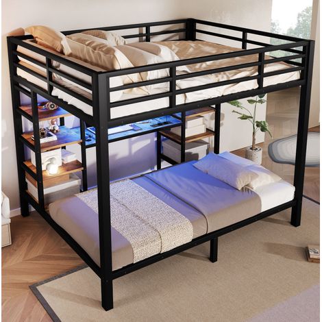 Letto a castello 90x200/140x200 cm in metallo e MDF nero con LED e USB - CHICFURN (1/5)