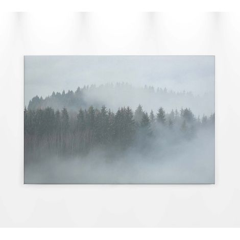 Tableau paysage forêt hiver | Tableau sur toile idéal chambre adulte bureau & couloir | Tableau nature brouillard & arbre vert et noir 0,9 x 0,6 m (1/5)