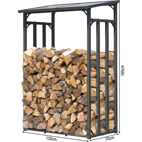 Quick-Star – Abri à bûches extérieur 130 x 70 x 185 cm – Structure en acier 40 mm – Toit en polycarbonate 6 mm – Capacité 1,6 m³ – Résistant aux intempéries