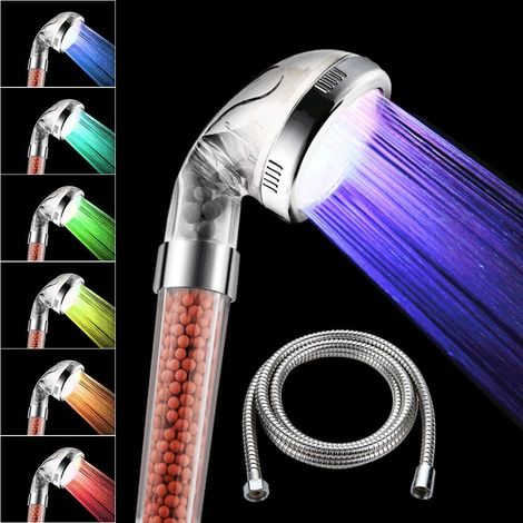 Pommeau de douche avec tuyau, 7 couleurs changeantes, avec pression LED, économiseur d'eau, régulateur de la température, adoucisseur d'eau (1/5)