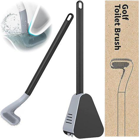 Brosse de toilette en silicone Golf à manche long, brosse de nettoyage mural avec support (noir) (1/4)
