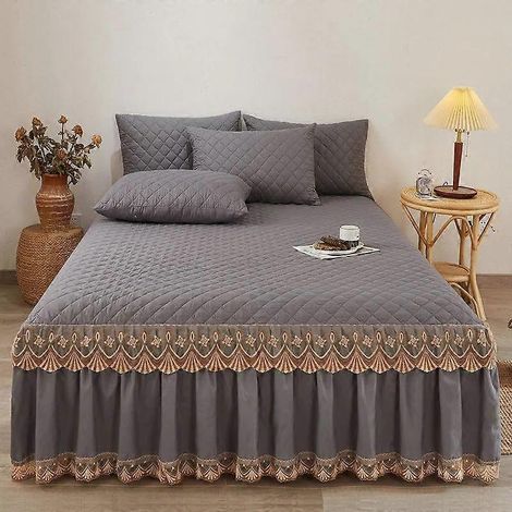 Ensemble de 3 pièces automne-hiver : jupe de lit en coton épais matelassé et dentelle couvre-lit antidérapant et taie d'oreiller - 200 x 220 cm - gris (1/5)