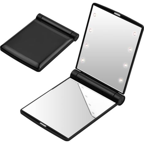 Miroir de poche LED pliable noir - miroir de voyage compact, miroir de maquillage portable à 8 LED, miroir rétractable pour sac à main, cadeau femme (1/5)