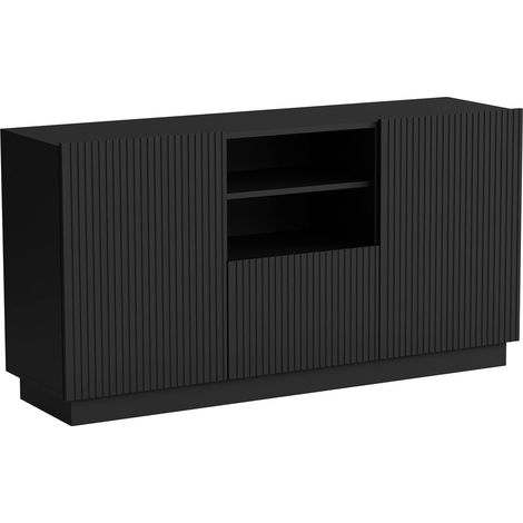 Buffet Serchio, buffet de salon avec deux portes battantes, un tiroir et deux compartiments ouverts, design effet cannelé, 150 x 40 h 78 cm, noir (1/4)