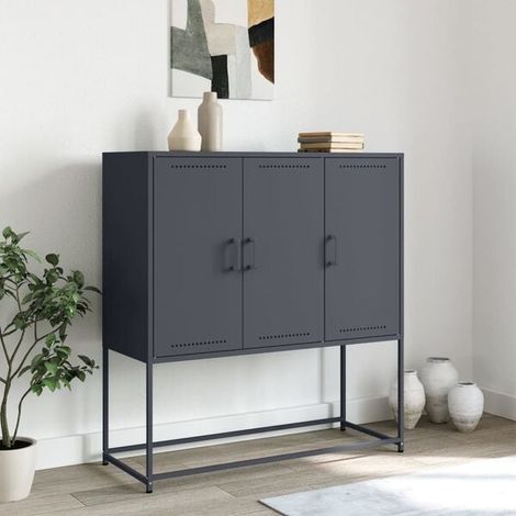 Buffet Bas de Cuisine 100,5 cm, Meuble Rangement Métal Gris Anthracite, Hauteur 107 cm, Profondeur 39 cm, Armoire de Stockage Moderne pour Salle à Manger et Salon (1/5)