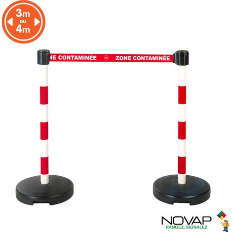 Kit 2 Poteaux PVC Rouge/Blanc sur socle 9kg à lester avec tête à sangle Rouge zone contaminée 5m x 50mm et tête réceptrice - 2800396 (1/2)