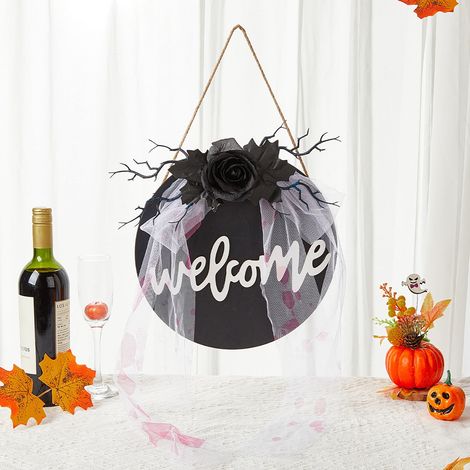Panneau Porte Halloween - Panneau Décoratif en Bois avec Motif Fleur et Squelette - Forme Ronde - Pour Porte Intérieure ou Extérieure - 1 Pièce (1/3)